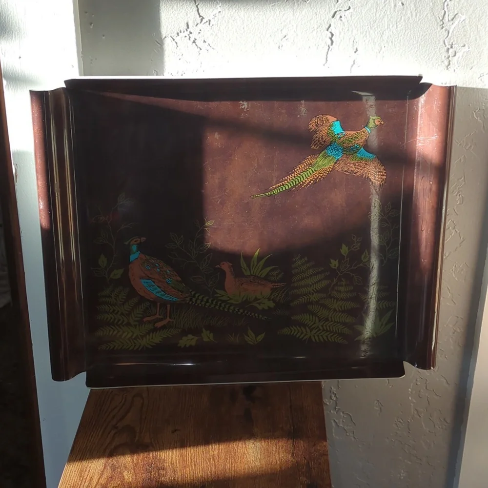 Elegant Brown Tray with Pheasant Bird Design Mid-century Modern MCM Vintage